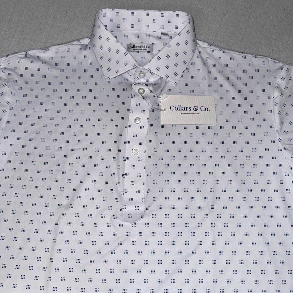 Collars &Co Golf Polo Oracle White Blue Geometric AOP Medium Relaxed Preppy NWT